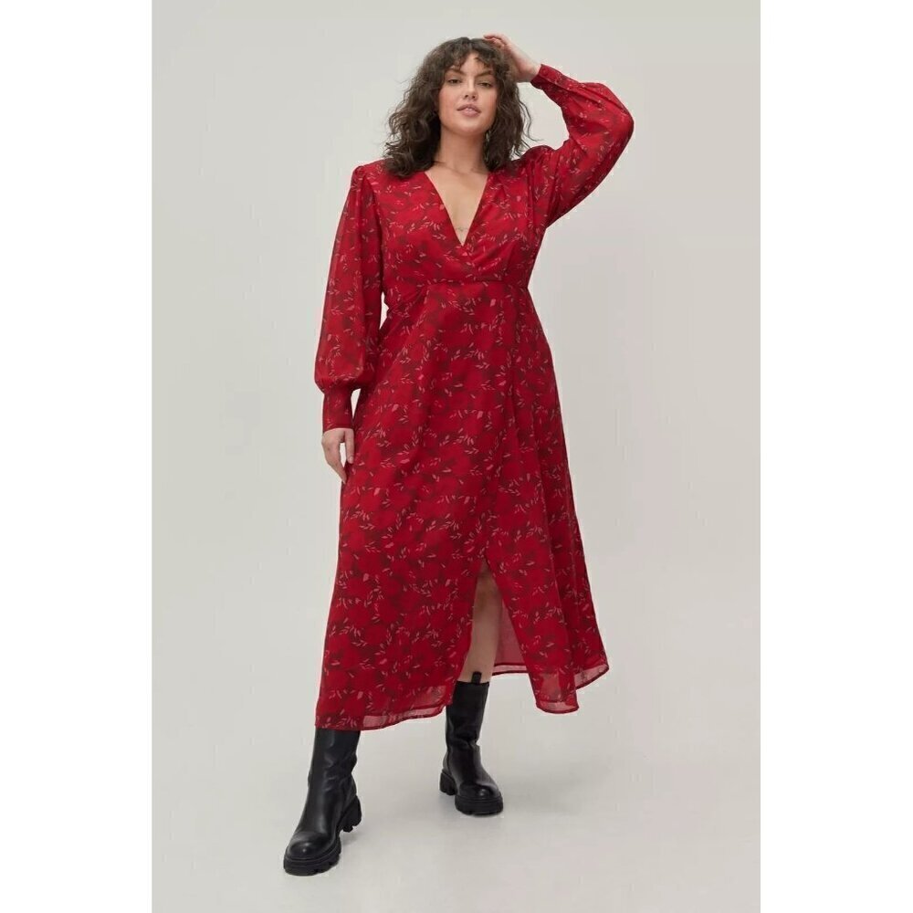 Nasty Gal red floral long sleeve chiffon maxi dress size 24